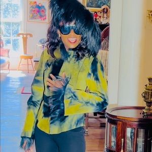 Designer Meucci Italian Shearling pony  Fur Tie Dye Green Jacket , Coat Xs-S